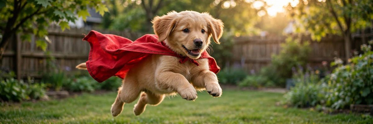 Custom AI Poster - your photo reimagined as art, superhero puppy in a sunlit backyard